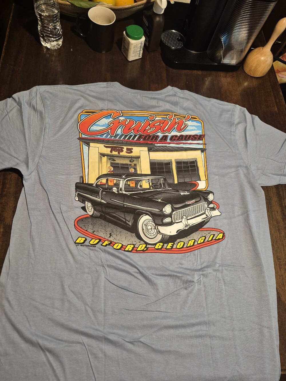 Gildan Light Blue Short-Sleeve Tee with Vintage Car Graphic